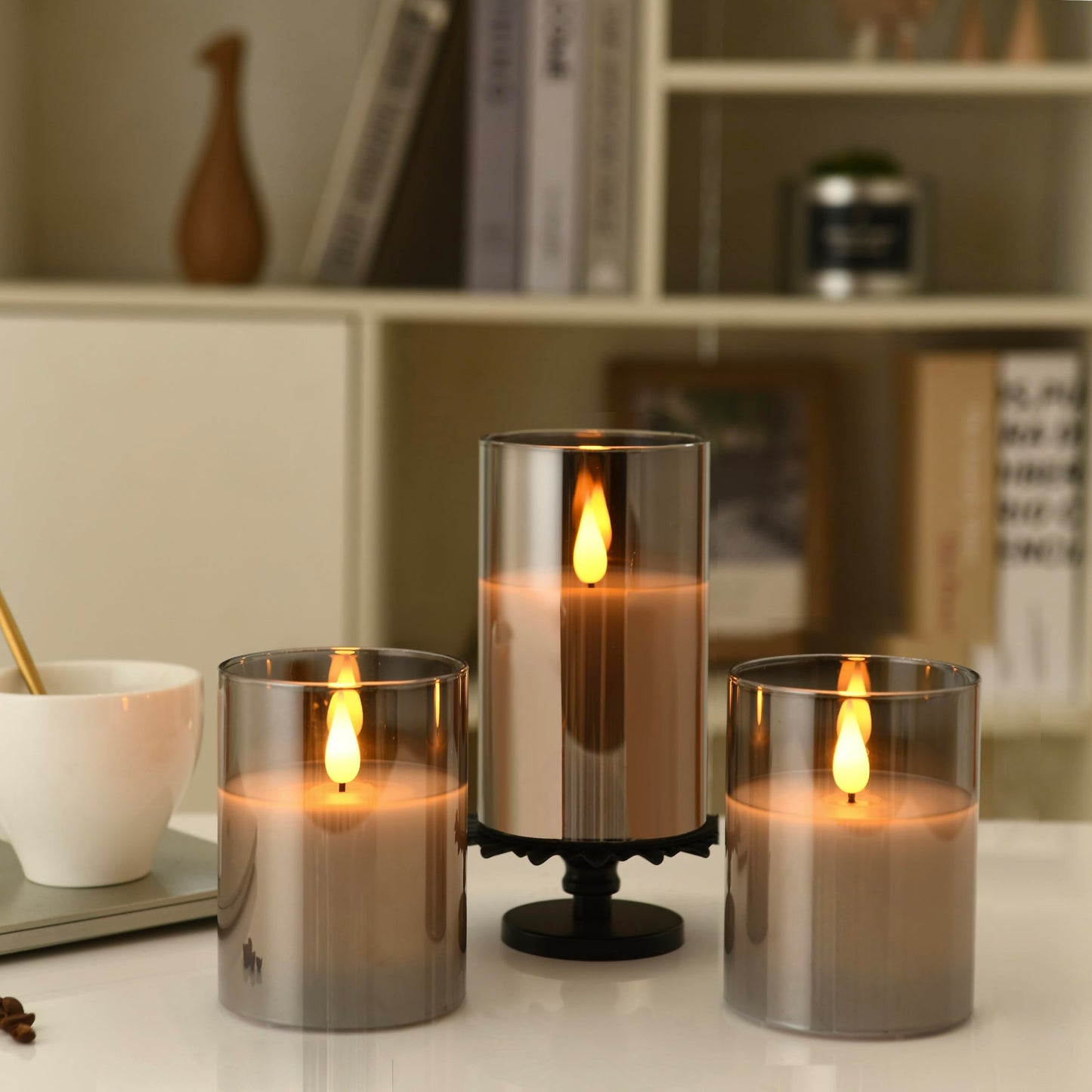 Guluto Glass Battery Operated LED Flameless Candles, Set of 2, D 3" x H 5", Real Wax Pillar Flickering Candles with Remote and Timer, Electronic Candle with 3D Wick for Festival Home Party Decor Grey