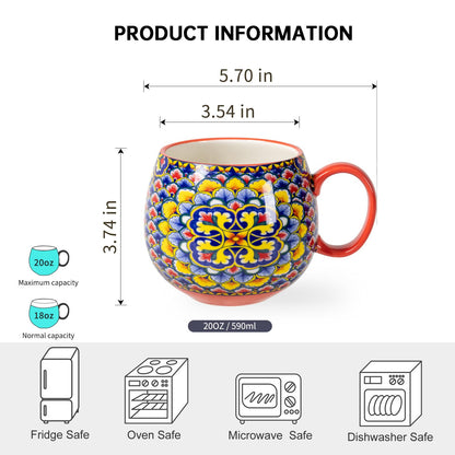 HENXFEN LEAD Boho Ceramic Coffee Mugs Set of 6, 20 oz Large Cups for Tea, Latte, Hot Chocolate & Soup – Microwave & Dishwasher Safe