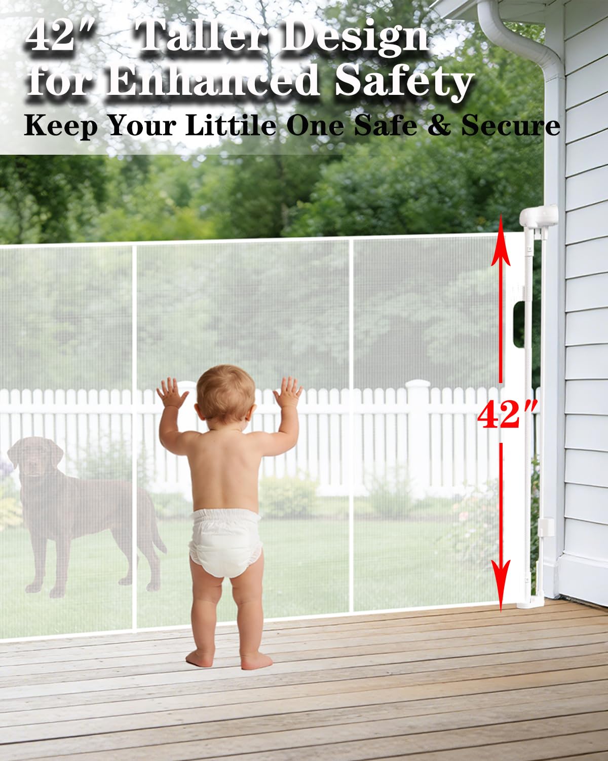 160" Extra Wide Retractable Baby Gates, 42" Extra Tall Retractable Dog Gate Pet Gate with Support Rods, Long Mesh Screen Child Safety Gate for Garage Doorways Hallways Deck Porch, Outdoor Indoor Use