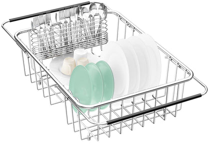 Fanbsy Large Dish Drainer Rack in Sink Adjustable, Expandable 304 Stainless Steel Metal Dish Drying Rack Organizer with Stainless Steel Utensil Holder Over Inside Sink Counter, Rustproof