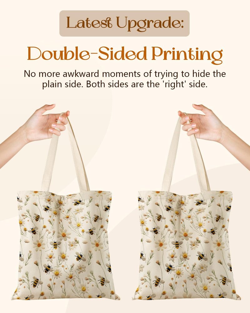 Miss Adola Canvas Tote Bag for Women - Aesthetic Canvas Totes with Pockets Cute Funny Design Ladies Reusable Cloths Shoulder Bag for Shopping Daily Work Casual, Flower Bee