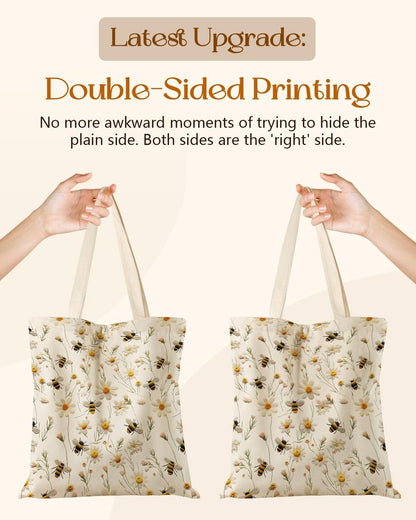 Miss Adola Canvas Tote Bag for Women - Aesthetic Canvas Totes with Pockets Cute Funny Design Ladies Reusable Cloths Shoulder Bag for Shopping Daily Work Casual, Flower Bee