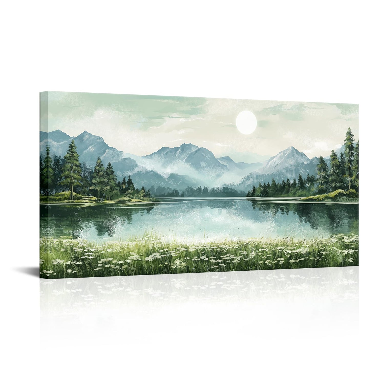 sechars Mountain Lake Canvas Wall Art Nature Wilderness Painting Prints Relax Calm Scenic Picture for Living Room Bedroom 20"x40" (Green)
