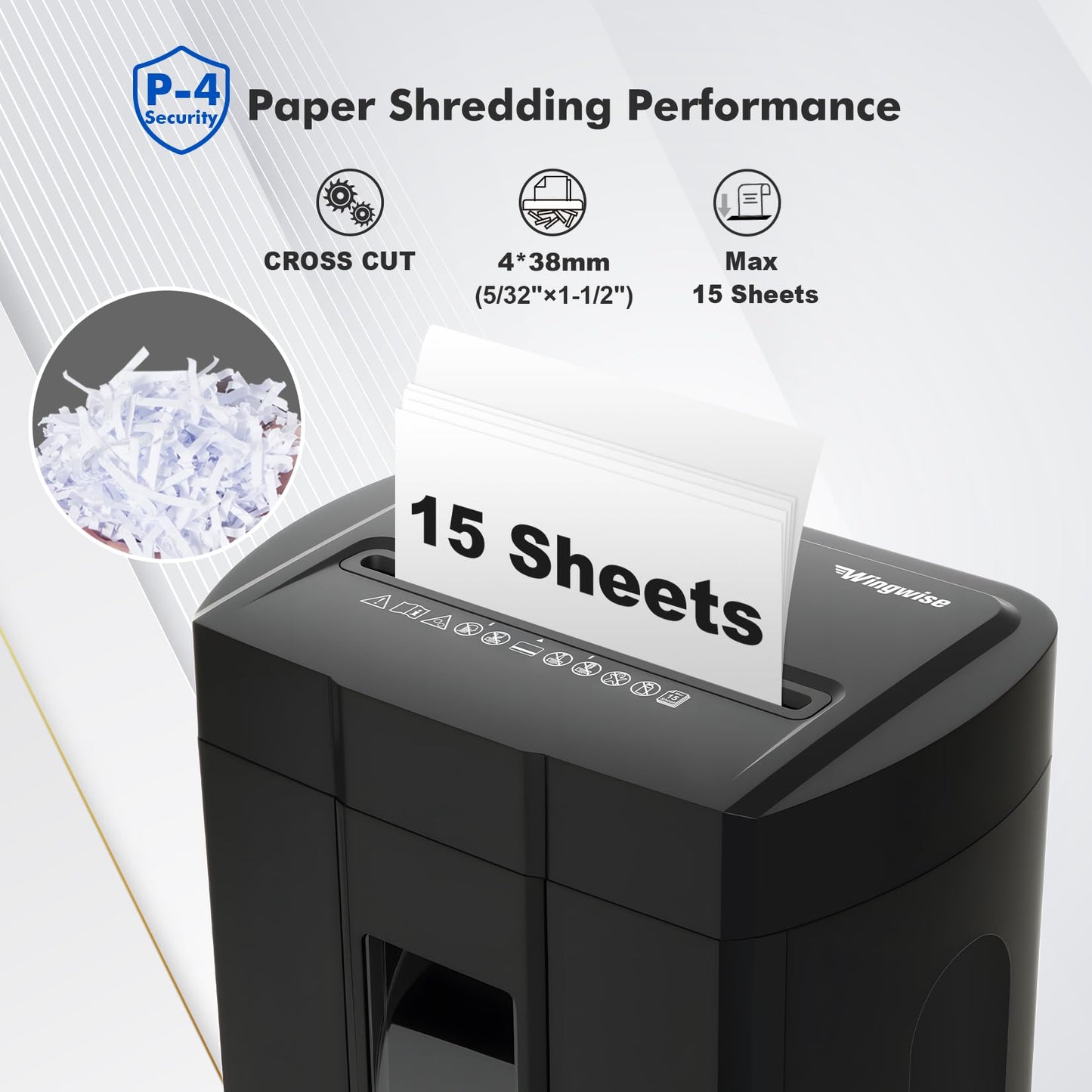 Low Noise 48dB Paper Shredder for Home, 15-Sheet Cross Cut, CD/Credit Card Office Shredder, 4.7 Gallons Wastebasket, P-4 High Security, Black