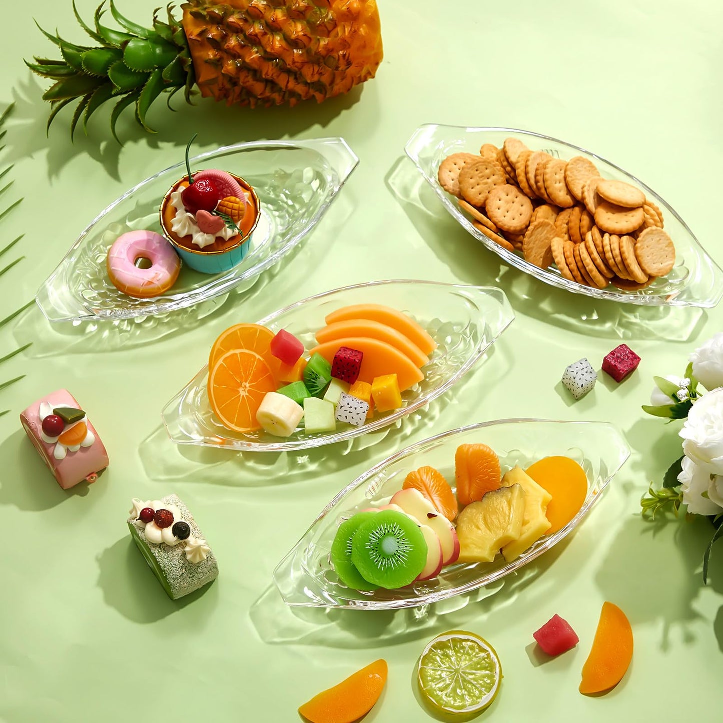Bokon 16 Pack Banana Split Dish 8 oz Ice Cream Dishes Acrylic Banana Split Bowls Clear Banana Split Boat Plate Serving Dish for Kitchen Yogurt Fruit Snack