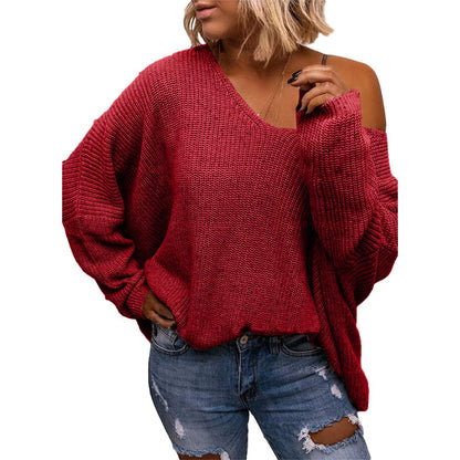 BZB Women's V Neck Long Sleeve Knit Loose Oversized Pullover Sweater Top
