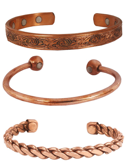 Touchstone copper bracelets | gift for men women |adjustable 100% pure solid real magnetic jewelry | handmade bracelet set combo | rope braided tibetan bangles. Set of 3 different designs