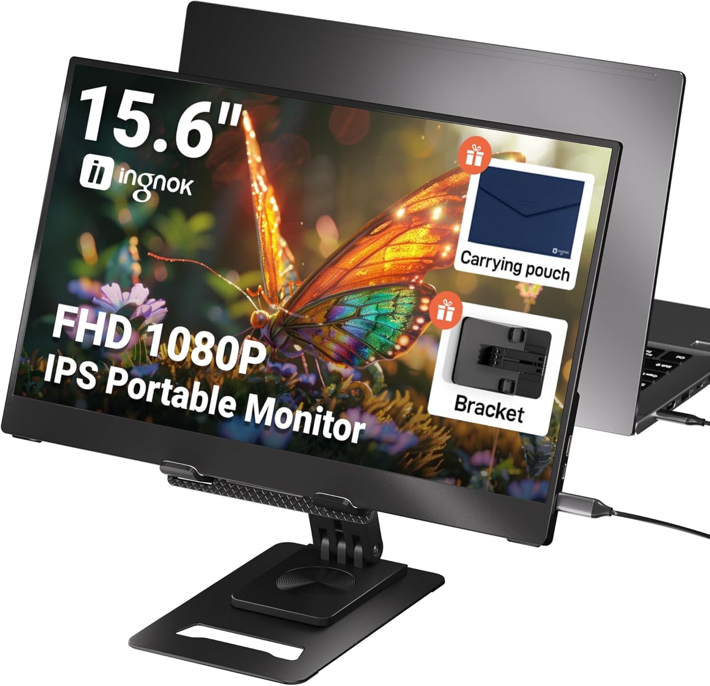 Ingnok Portable Monitor, Ultra Slim 15.6 Inch FHD IPS Laptop Screen Extender with Adjustable Stand, USB C Compatible, Ideal for Travel and Office
