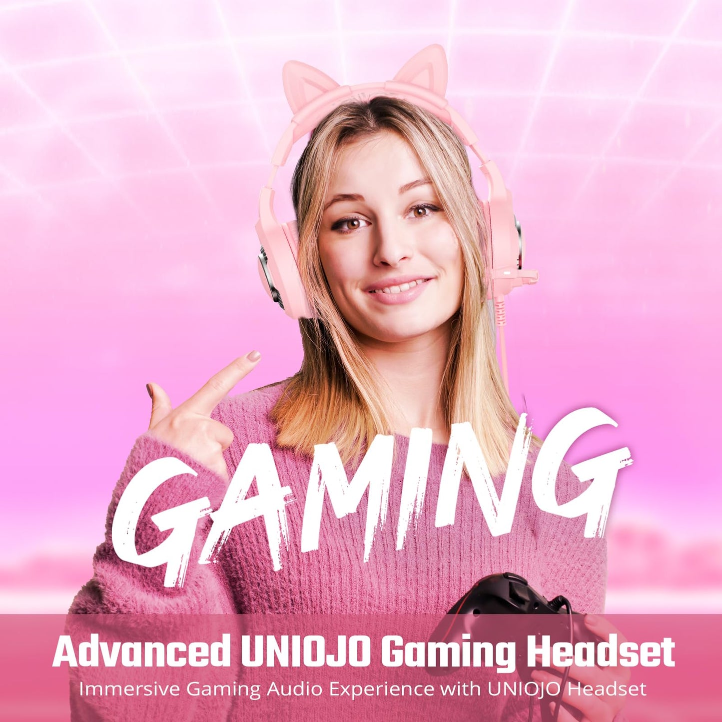 UNIOJO Pink Gaming Headset Noise-Canceling Mic, Wired Over-Cat Ear Headphones, Surround Sound, LED Breathing Light, Memory Foam Ear Pads, for Xbox Series, PS5, PS4, Switch, PC, Mobile