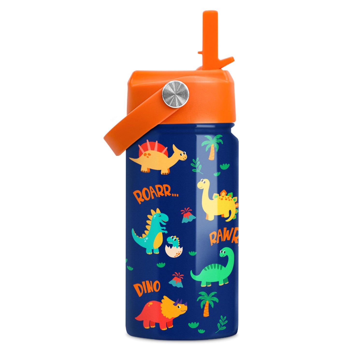 Dinosaur Water Bottle for Boys - Kids Water Bottle with Straw Lid - 12 Oz Insulated Stainless Steel Water Bottles for Kid - Travel Cup for School Sports