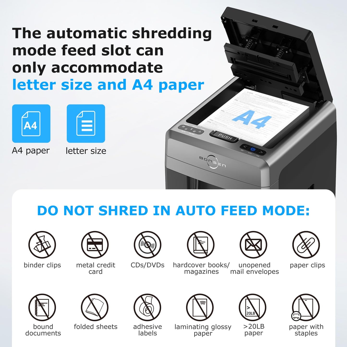 BONSEN 300-Sheet Auto Feed Paper Shredder, 60 Minutes Non-Stop Commercial Grade Heavy Duty Shredders for Office, 8.1 Gallon Micro Cut Document Shredder, P-4 Security Level,58dB Super Quiet