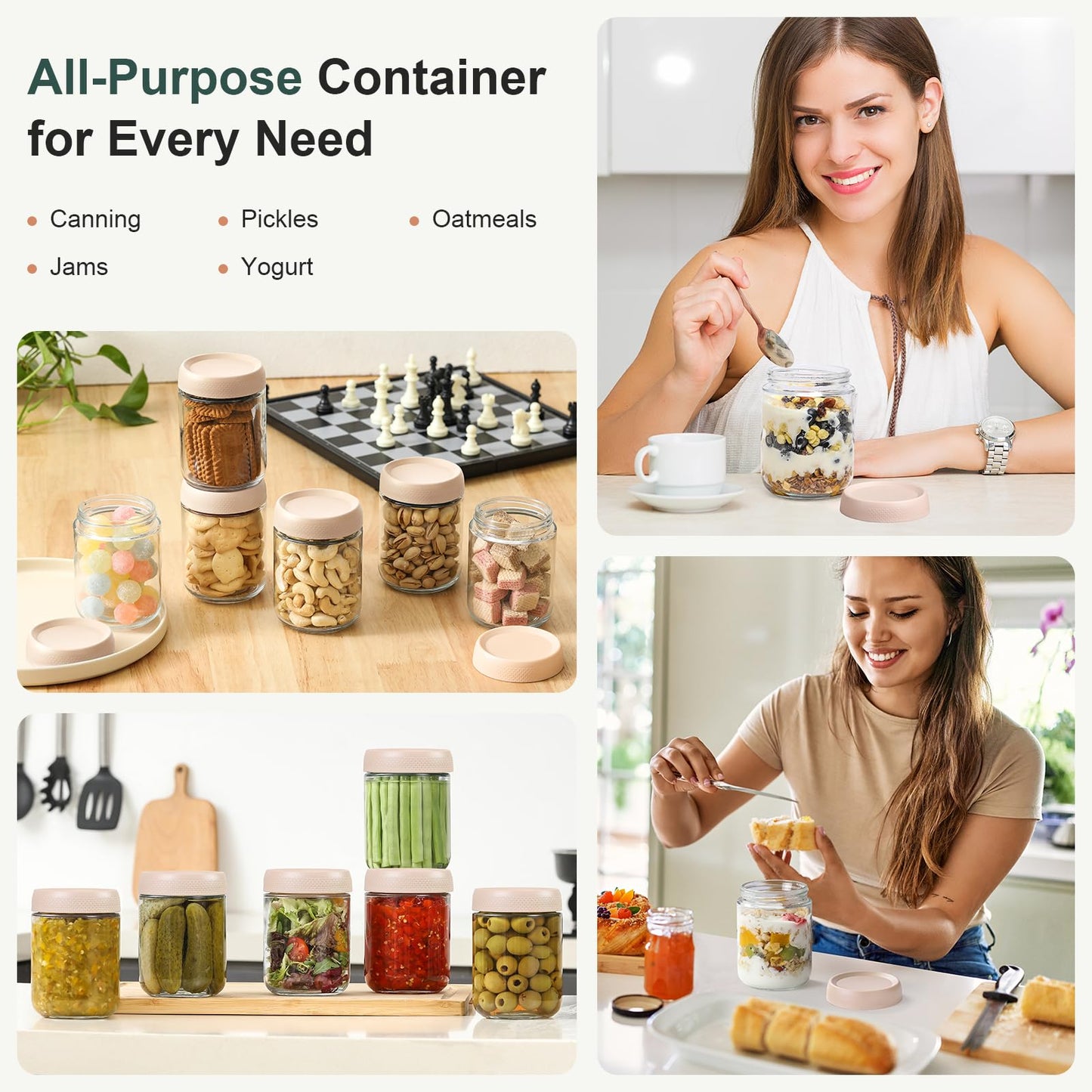 NETANY 6-pack 16 oz Overnight Oats Containers with Lids, Glass jars with Airtight Lids, Wide mouth Mason Salad jars, Glass Food Storage Containers for Snacks Yogurt Spice Sugar