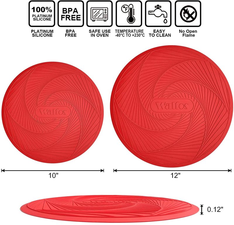 Walfos 12 10 Inch Silicone Microwave Mats, Microwave Splatter Cover for Food, Pot Holders for Kitchen, Non-Slip Heat Resistant Silicone Mats for Microwave, Oven, Hot Pan, Pot (Red)