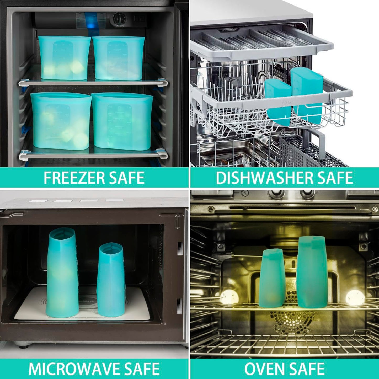 Reusable Food Bags, 12 Pack 100% Silicone Food Storage Bags Stand Up Zip Lock Container, Freezer Microwave Oven Dishwasher Safe, 4 Medium 4 Small 4 Extra Small, Aqua