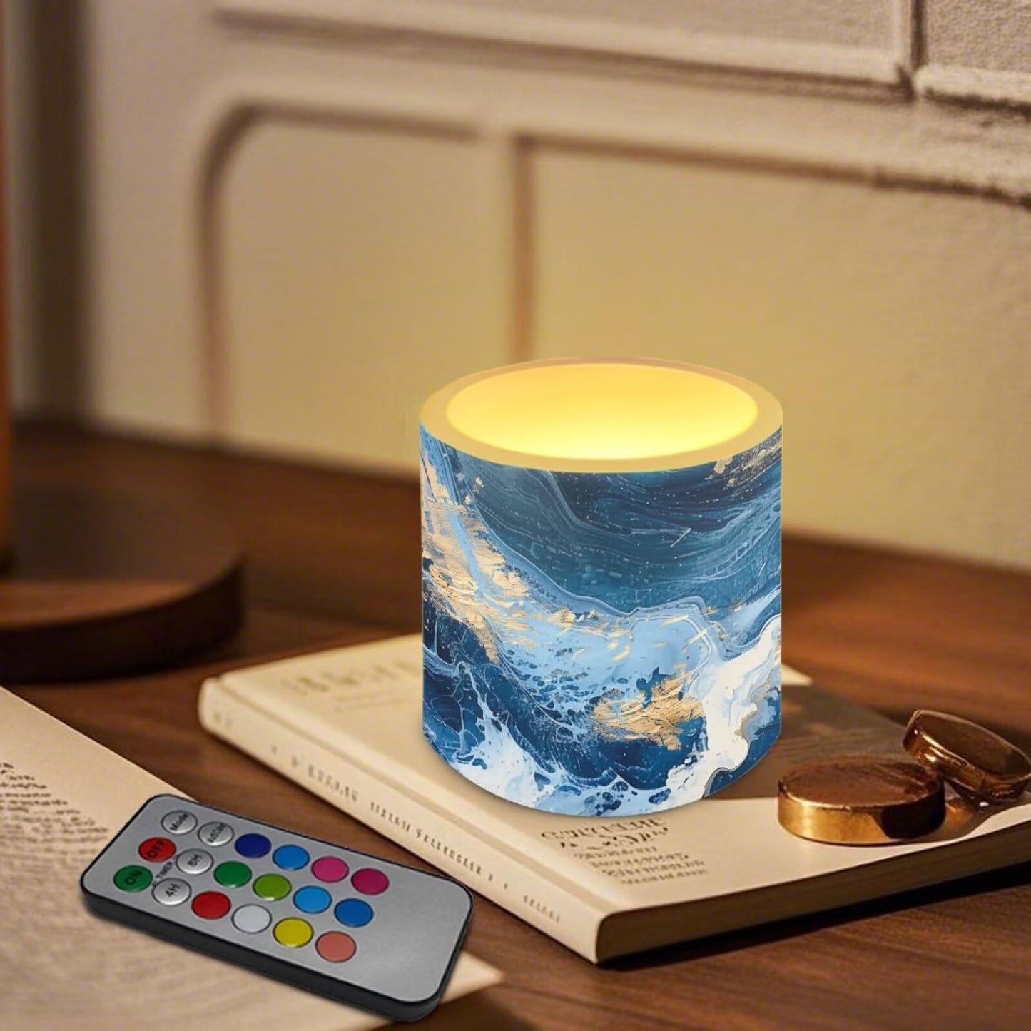 Cozeyat Ocean Marble LED Candles Set of 4 Battery Powered Flameless with Remote Timer Flickering Flame Waterproof for Home Patio Garden Decor