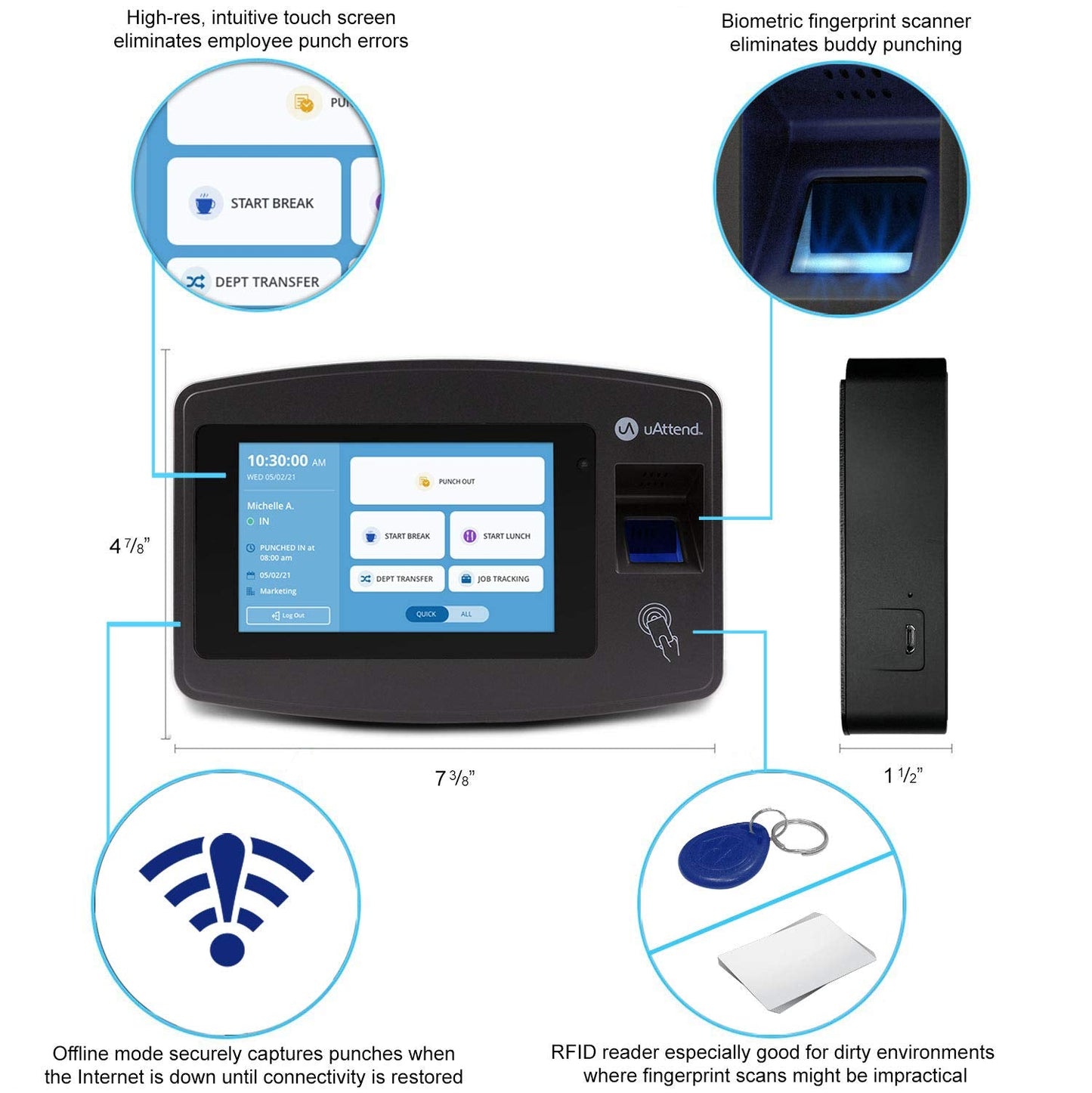 uAttend JR1000 Biometric Fingerprint, RFID, PIN Time Clock for Small Business - Cloud-Based Attendance System with Optional Payroll Integration - All-in-One System