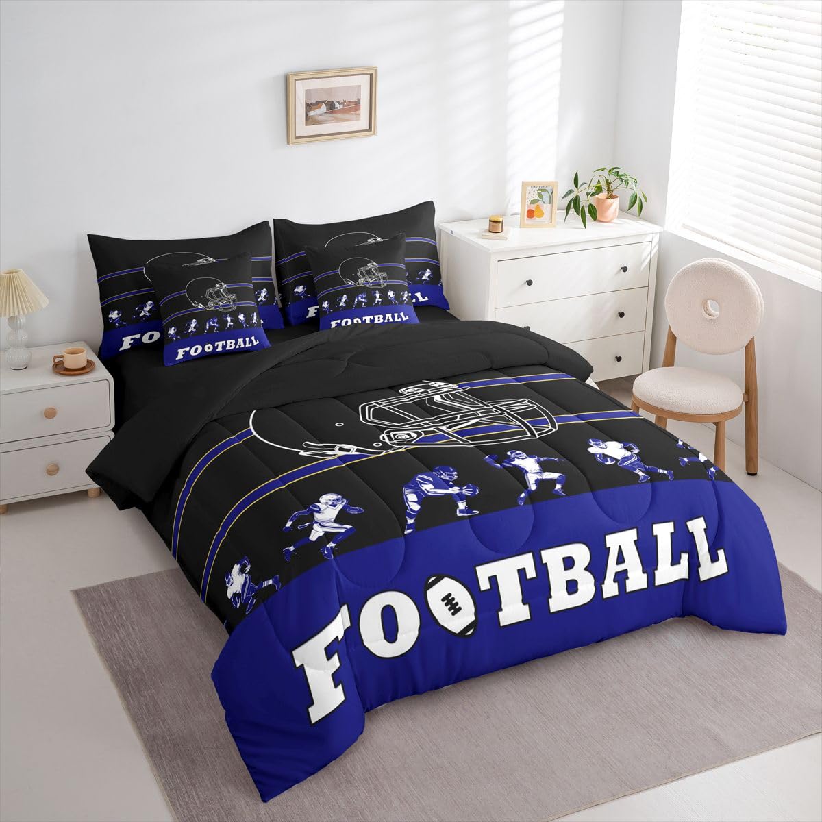 Erosebridal 7 Pieces Bed in a Bag King Comforter Set with Sheets, Football Design Bedding Sets for All Season,1 Comforter, 2 Cushion Covers, 1 Flat Sheet, 1 Fitted Sheet, 2 Pillowcases