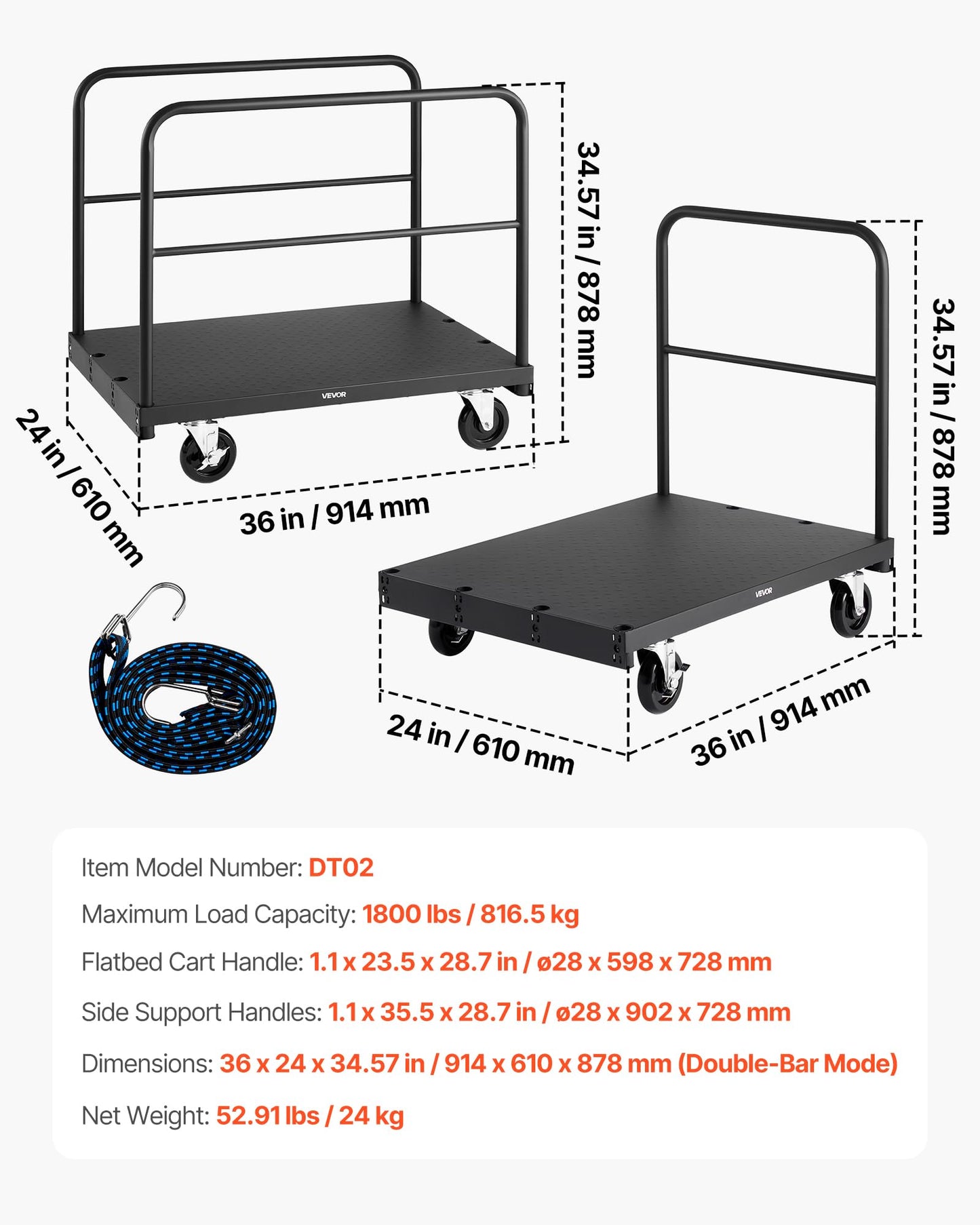 VEVOR Drywall Cart Dolly, 1800 lbs Load Capacity, 2-in-1 Steel Panel Truck Cart with 5 inch Swivel Casters, 36 x 24 inch Platform Truck with 3 Side Handrails for Factory, Warehouse, Garage, Black