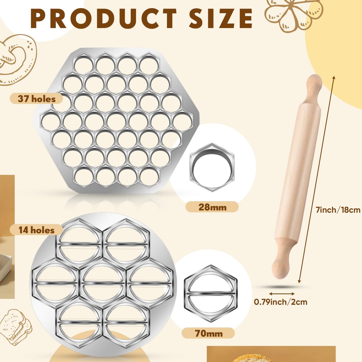 Vesici 3 Pcs Ravioli Maker Dumplings Set 37 Holes Ravioli and 12 Holes Ravioli Maker Press Dumplings with Wood Rolling Pin Metal Ravioli Cutter Kit for Ravioli Pasta Making Tools
