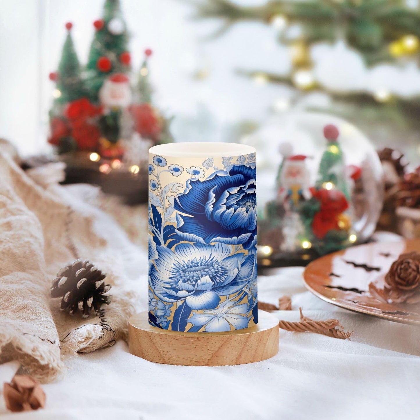 ALAZA White Navy Blue Flowers Floral Flickering Flameless Candles Battery Operated with Remote Timer,Tea Light Candles LED Pillar Votive Candles Set of 2 for Outdoor Indoor Decorations
