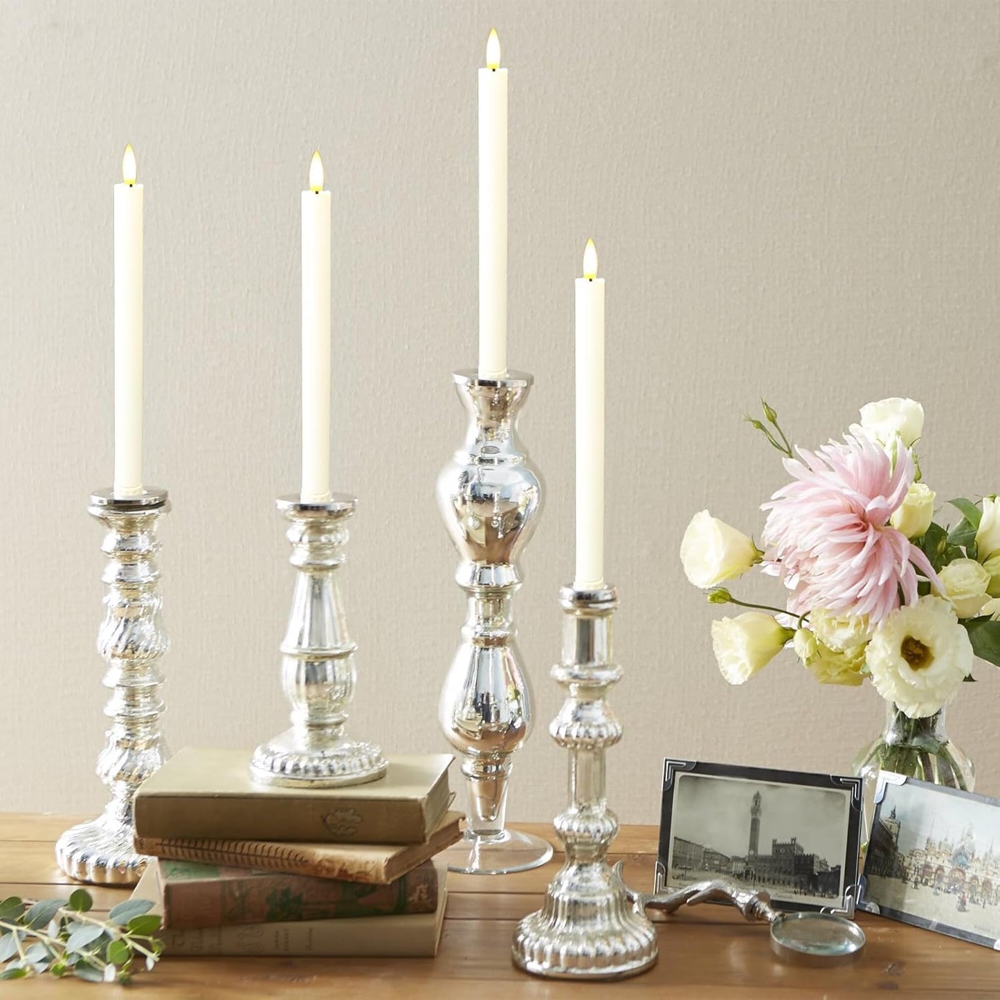 Sunjas 12PCS Flameless Taper Candles with 3D Flickering Flame Battery Operated Candles with 2 Remote with Button Cell Battery 10 Inch Ivory LED Candlesticks Window Candle for Christmas Home Decor
