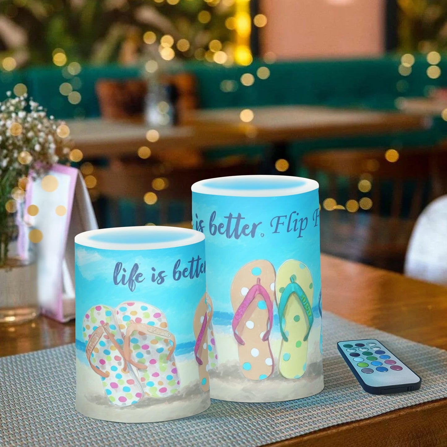 Kcldeci LED Flameless Candles Battery Operated with Remote and Timer, Flip Flop Beach Realistic Flickering Flameless Candles Led Pillar Candles, Set of 2