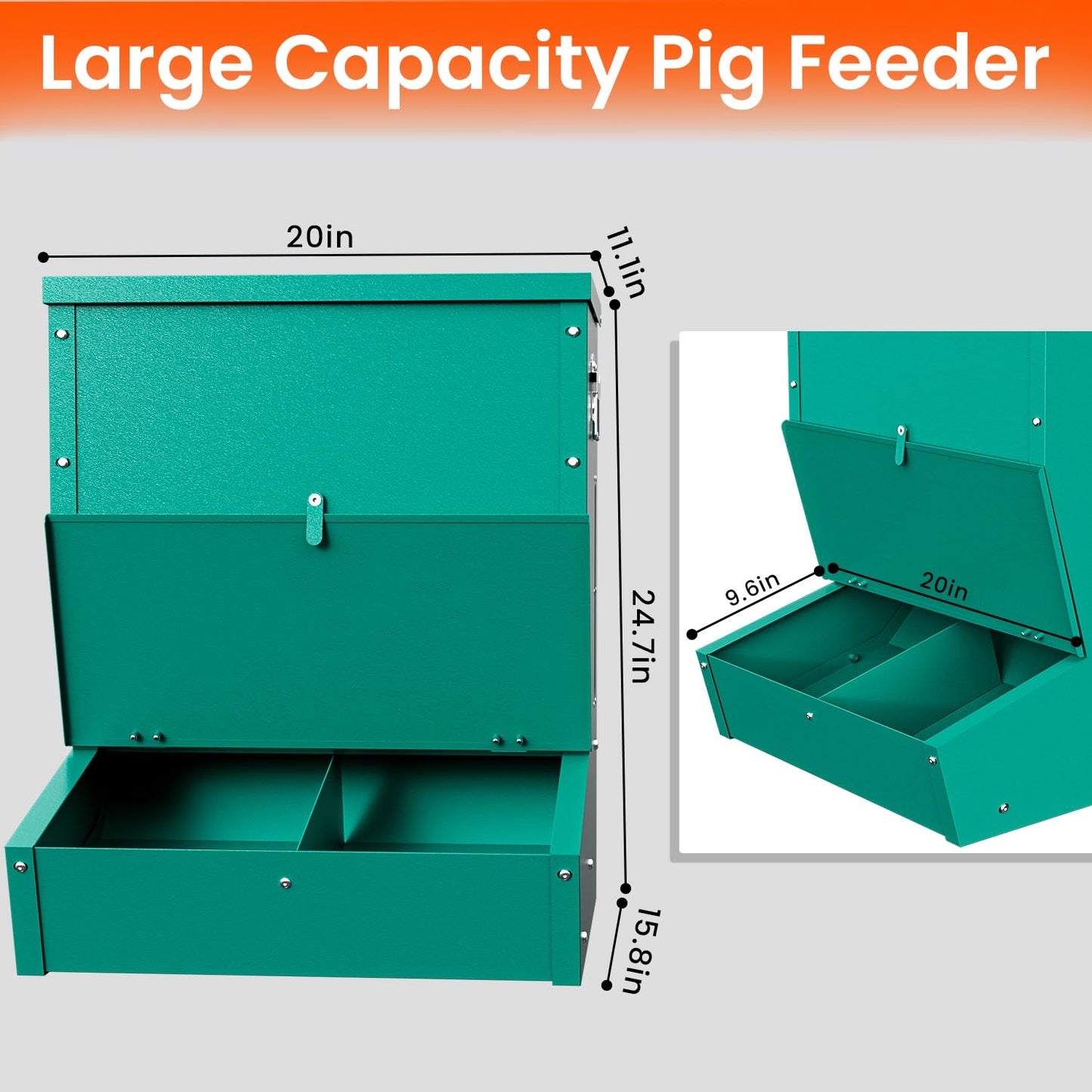 PURRPAXZ Pig Feeder, 2-Door Heavy Duty Galvanized Steel Hog Feeder,3.7 Bushels Capacity,Outdoor Pig Feeders with Visable Feed Design, Livestock Feeder for Barn, Farm, Feeding up to 5 Small Hogs, Green
