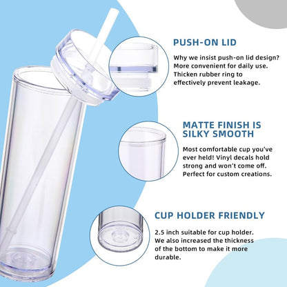 Volhoply 16oz Plastic Skinny Tumbler with Lid and Straw Bulk 4 Pack,Insulated Double Wall BPA Free Matte Acrylic Tumblers,Iced Coffee Travel Mug Reusable Party Cup,Customizable Diy Gifts(Clear,4 Set)
