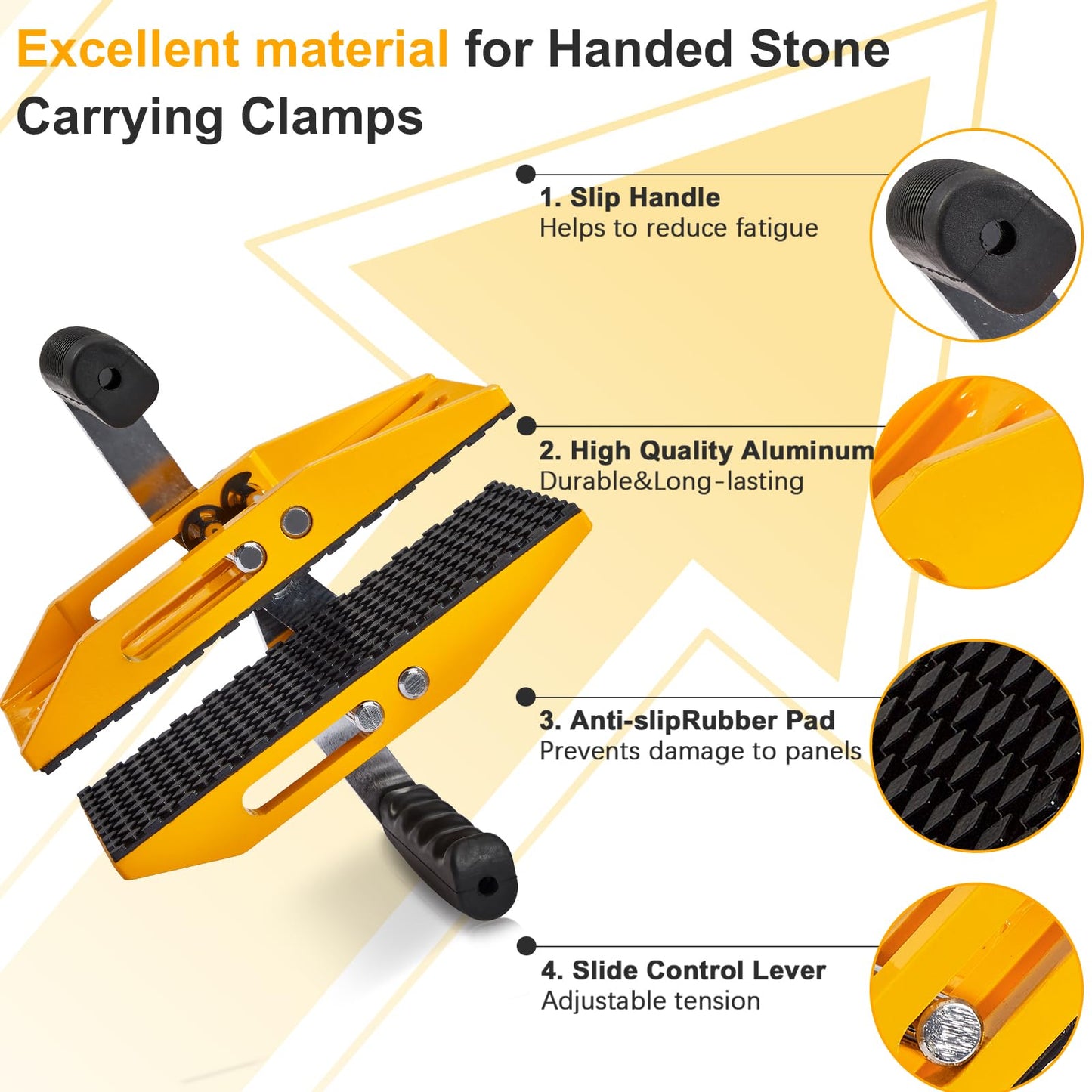 Double Handed Stone Carrying Clamps,Panel Carriers Lifting Tools,660 LBS Heavy Duty Carry Clamp for 0-2.36in Glass Quartz Slabs Marble with Rubber-lined,Granite Lifting Clamp 2Pack Yellow
