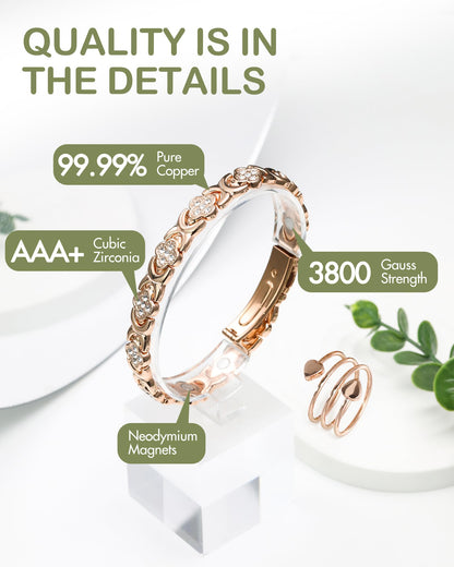 Feraco Pure Copper Bracelets & Rings for Women, Ultra Strength Magnetic Bracelet for Women with Neodymium Magnets & Sparkling Cubic Zirconia, Adjustable, Infinite Clover Jewelry (Rose Gold)