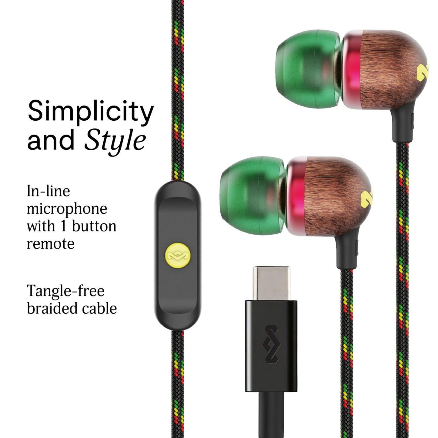 House of Marley Smile Jamaica Wired USB-C Earphones with 9.2mm Driver, Sustainably Crafted, Tangle-Resistant Cable, in Ear Headphones with in-Line Microphone Calls (Rasta) Great Stocking Stuffer Gift