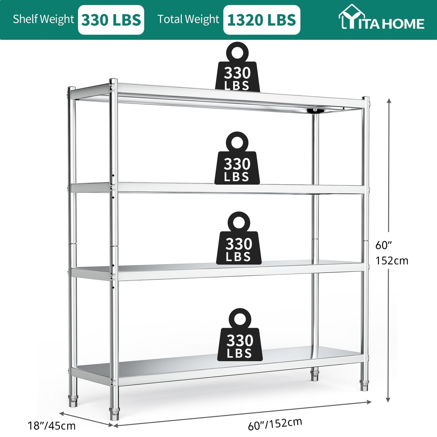 YITAHOME NSF Stainless Steel Shelves, 60"*18"*60" 4 Tier Storage Shelf, Heavy Duty Shelving for Kitchen Garage Office Restaurant Warehouse, 201 Bright Silver
