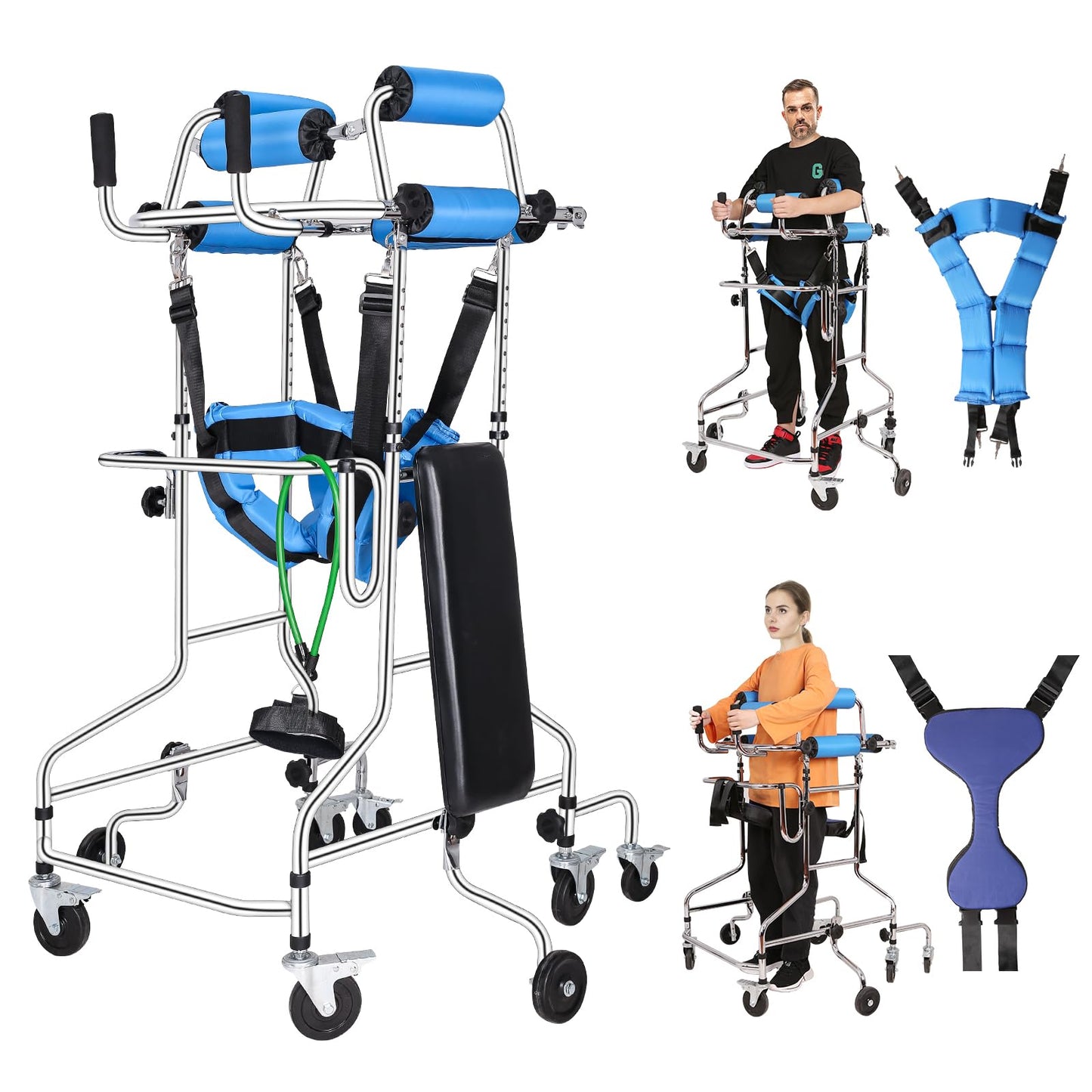 Adult Standing Walker for Seniors, Hemiplegia Standing & Lower Limb Training, Upgraded Double Pads, 8 Wheels Anti-Tilt Mobility Aid, Fits 58-71 in, withstands 220 lbs