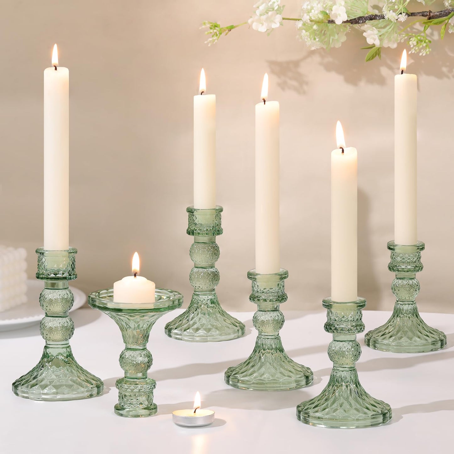DARJEN Green Glass Candlestick Holders Set of 6, 4" H & 5" H Taper Candle Holders for Candlesticks & Pillar Candles, Diamond Candle Holders for Wedding Party Table Centerpiece, Home Decor