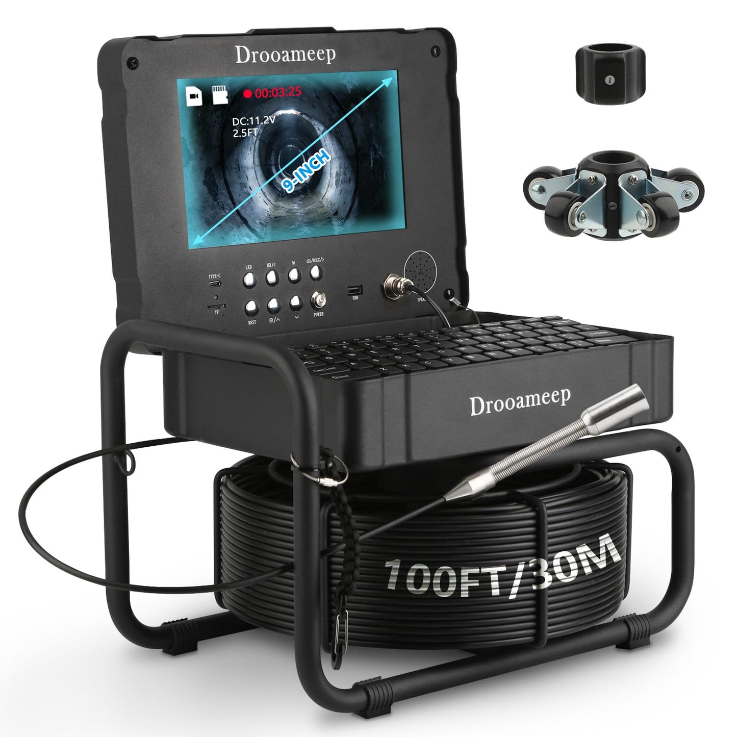 Drooameep Sewer Camera 100ft, Self Leveling Drain Camera, Plumbing Camera with 512Hz Sonde, Video & Voice Recorder, 3X Zoom, 9" Screen, 10000mAh, IP68, 32GB, 8 LED, for Drain Sewer Duct Plumbing