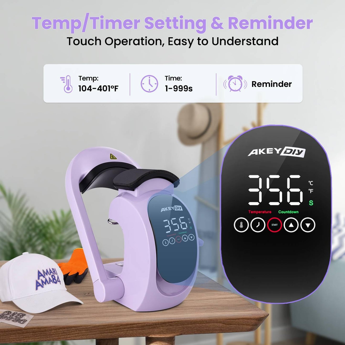 AKEYDIY 3-in-1 Auto Hat Heat Press Machine for Caps, with 3pcs Interchangeable Platens, Automatic Open & Release, Touchscreen for Precise Time & Temp Control, Heat Transfer Printing for Caps, Purple