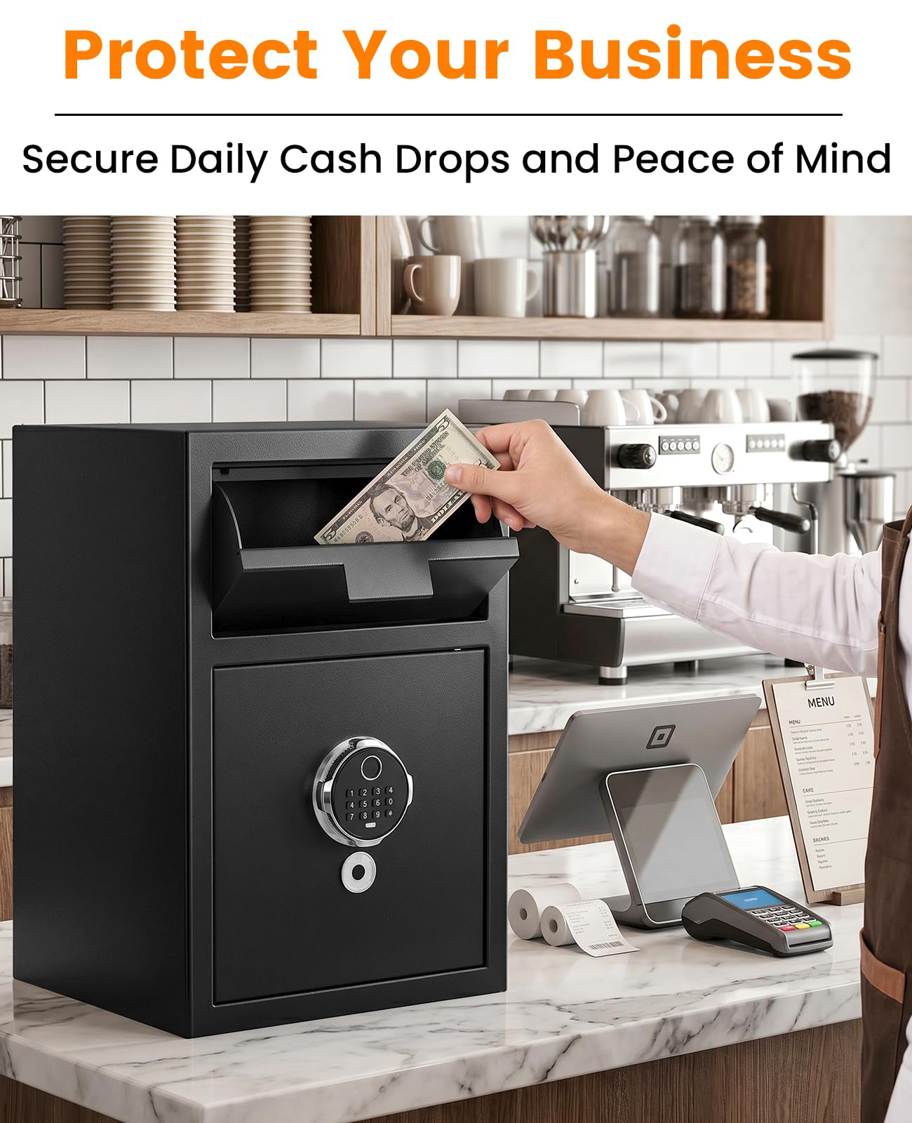 2.8 Cuft Biometric Drop Safe for Business, Anti-Theft Fingerprint Safe with Quick Place Drop Slot, Digital Keypad and Spare Key, Safe Box for Home Office Retail Store Business Mail Church