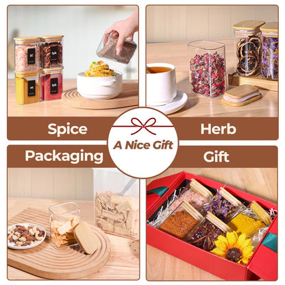 Comsaf Spice Jars with Label，8 oz Small Glass Jars with Lids, 6 Pcs Seasoning Containers, Rectangle Glass Containers with Lids, Empty Seasoning Jars for Pantry Storage, Loose Tea, Herbs, Powders, Salt