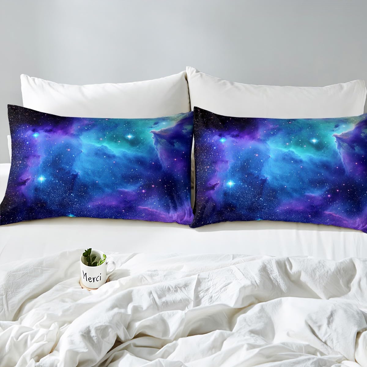 Feelyou Galaxy Sheet Set Queen Size Out Space Bedding Blue Nebula Universe 100% Microfiber Deep Pockets Bed Sheets 4 Pcs - 1 Falt& 1 Fitted Sheets with 2 Pillow Shams