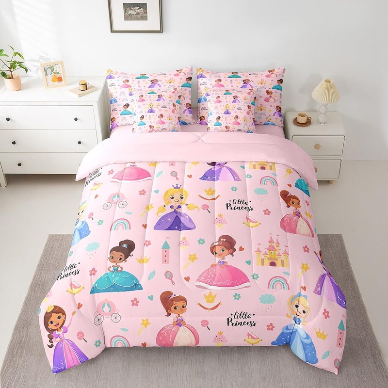 Erosebridal Kids Magical Princess 7 Piece Twin Comforter Set Bed in a Bag, Girly Cute Castle Microfiber Bedding for Sofa, Cartoon Rainbow Fitted Sheets Set for Kids Girls, Pink Princess Bed Set