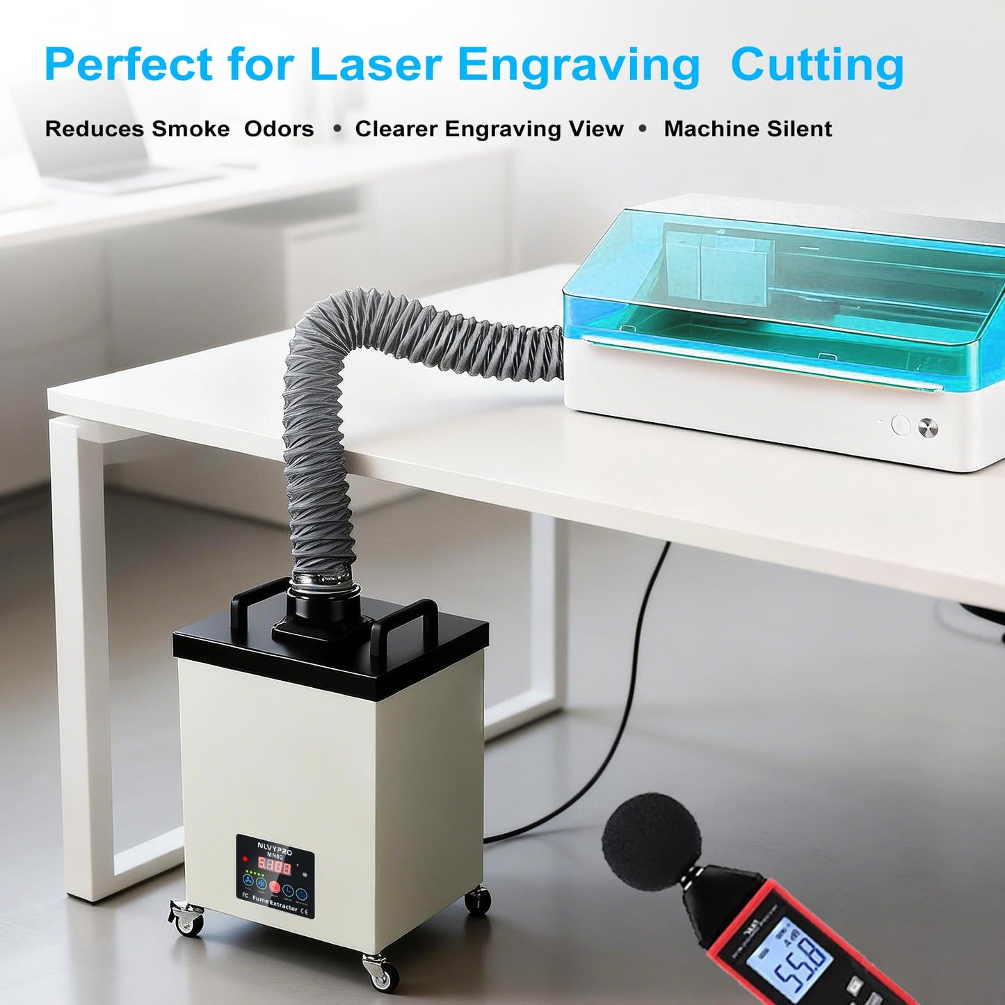 NLVYPRO MN02 Fume Extractor, 200W 300m³/h / 177 CFM, 4-Layer Filter, LED Display, Remote Control, Filter Change Reminder, 2.5" Hose, Wheels, 5 Extra Filters for Laser Engraver, Soldering