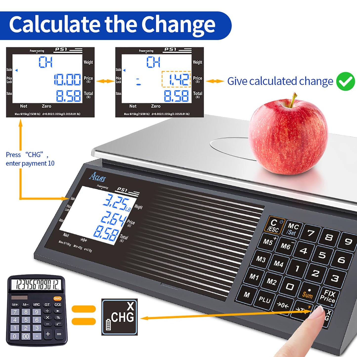 ACLAS Digital Price Computing Scale NTEP Certified Legal for Trade 30lbs 0.01lb Commercial Retail Scales w/LCD Dual Screen Displays for Food, Meat, Deli, Fruit Market Dry Cell Battery Powered
