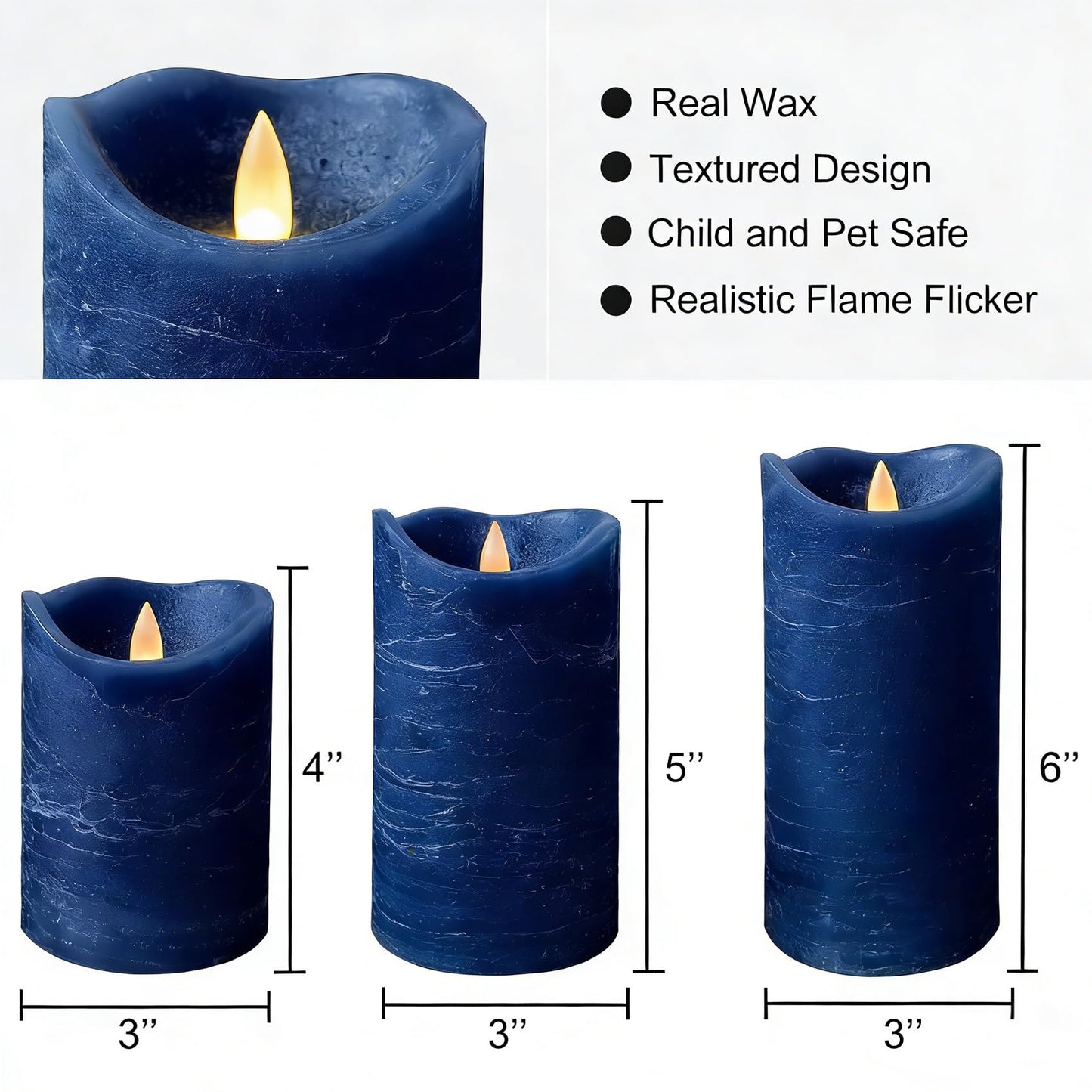 EZiKitchen Real Wax Flameless Candles Set of 3 (D 3" x H 4" 5" 6") Battery Operated LED Candle with Timer Home Decorative Pillar Flickering Lights,Wedding Party Events Decor,Navy Blue