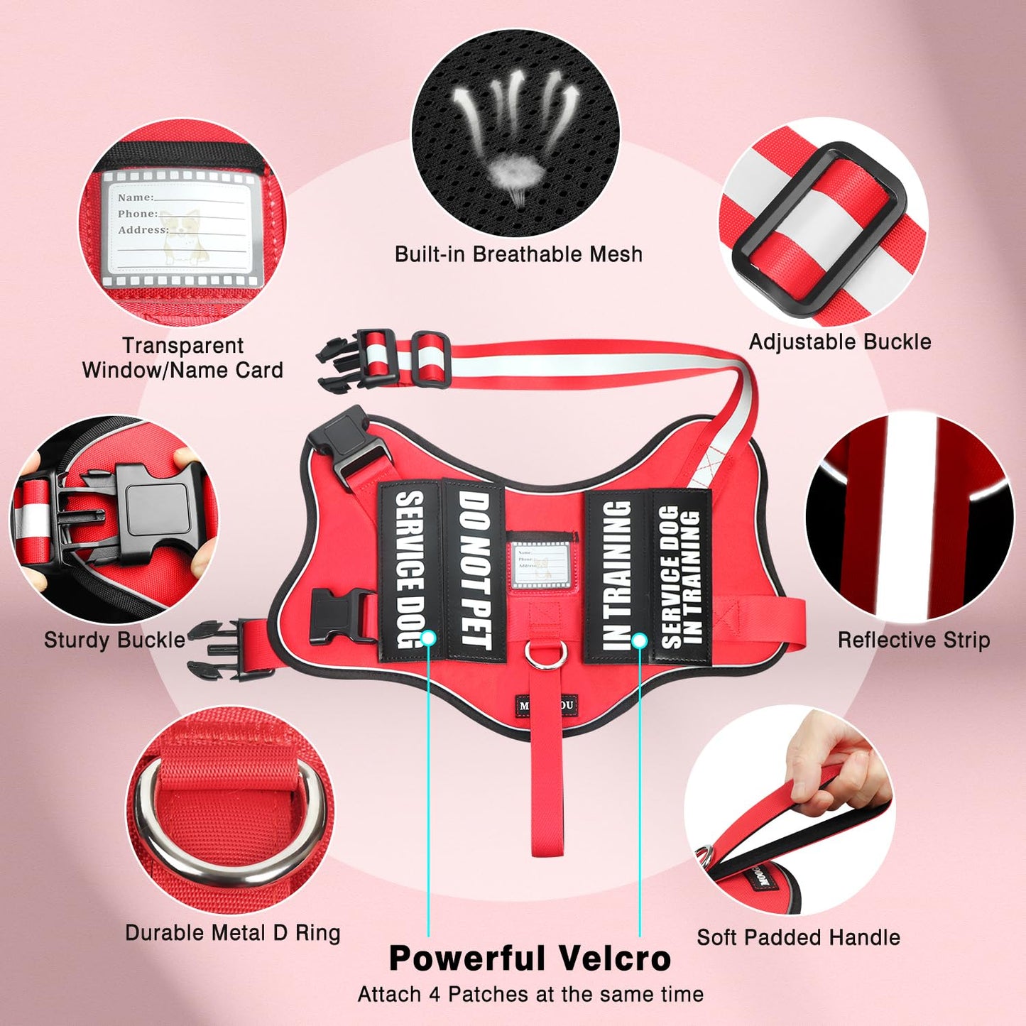 MOOGROU Service Dog Vest Harness and Leash Set+10 Patches,No Pull&Adjustable Reflective Dog Harness with Soft Padded Handle for Training/Everyday,Fit Small/Medium/Large/Extra-Large Dogs (Red S)