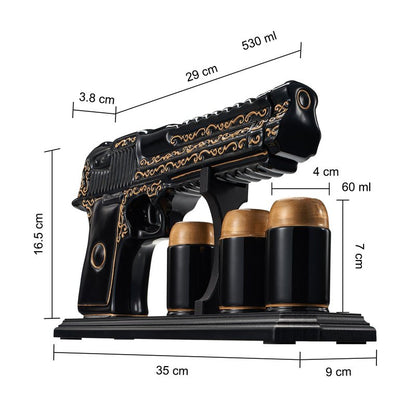 Gifts for Men Dad Hand Painted Gun Whiskey Decanter Set & Shot Glass - Black & Gold & 3 Bullet Shots - Unique Birthday Christmas Gift for Brother, Cool Anniversary Present Him Husband, Pistol Liquor