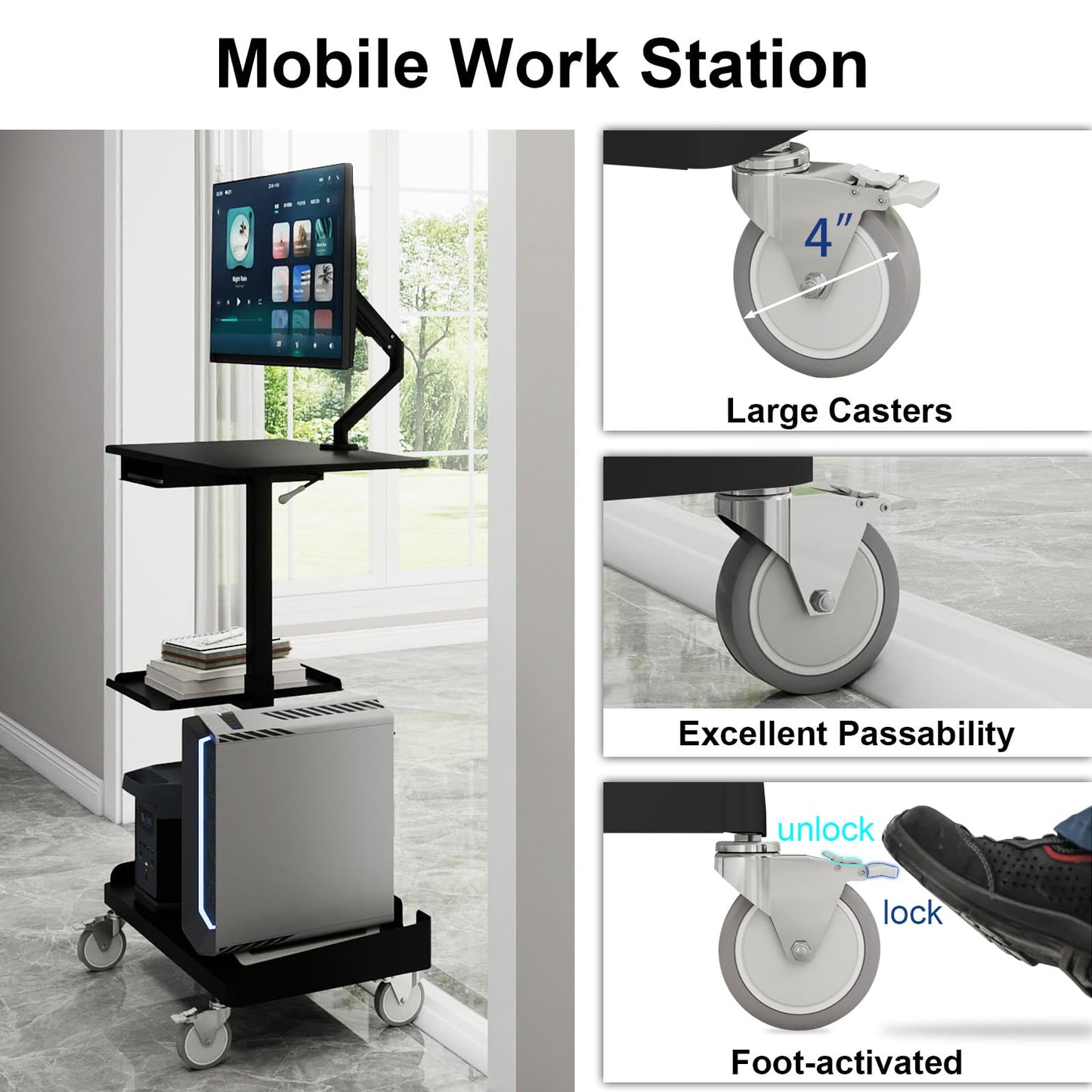 Natwind Mobile Workstation Cart with Monitor Mount,Height Adjustable Rolling Computer Cart, Heavy-Duty Rolling Standing Desk with CPU Holder for Home Office, School,Warehouse, Medical（Black）