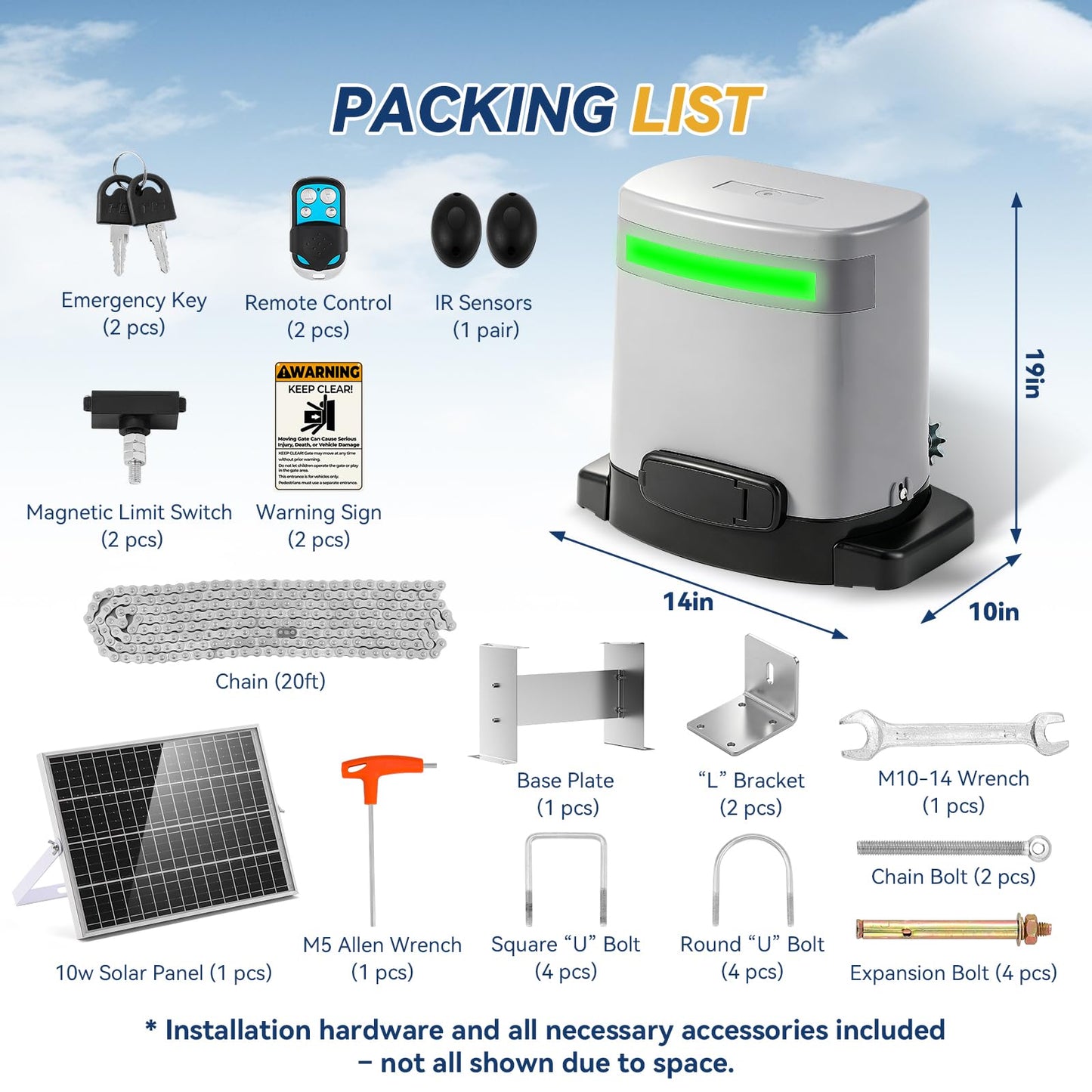 1300lbs Solar Sliding Gate Opener Chain Drive with Built-in Backup Battery, WiFi Remote Control, IR Sensor, Automatic Gate Motor for Heavy Driveway Slide Gates, Off-Grid Operation with Solar Panel