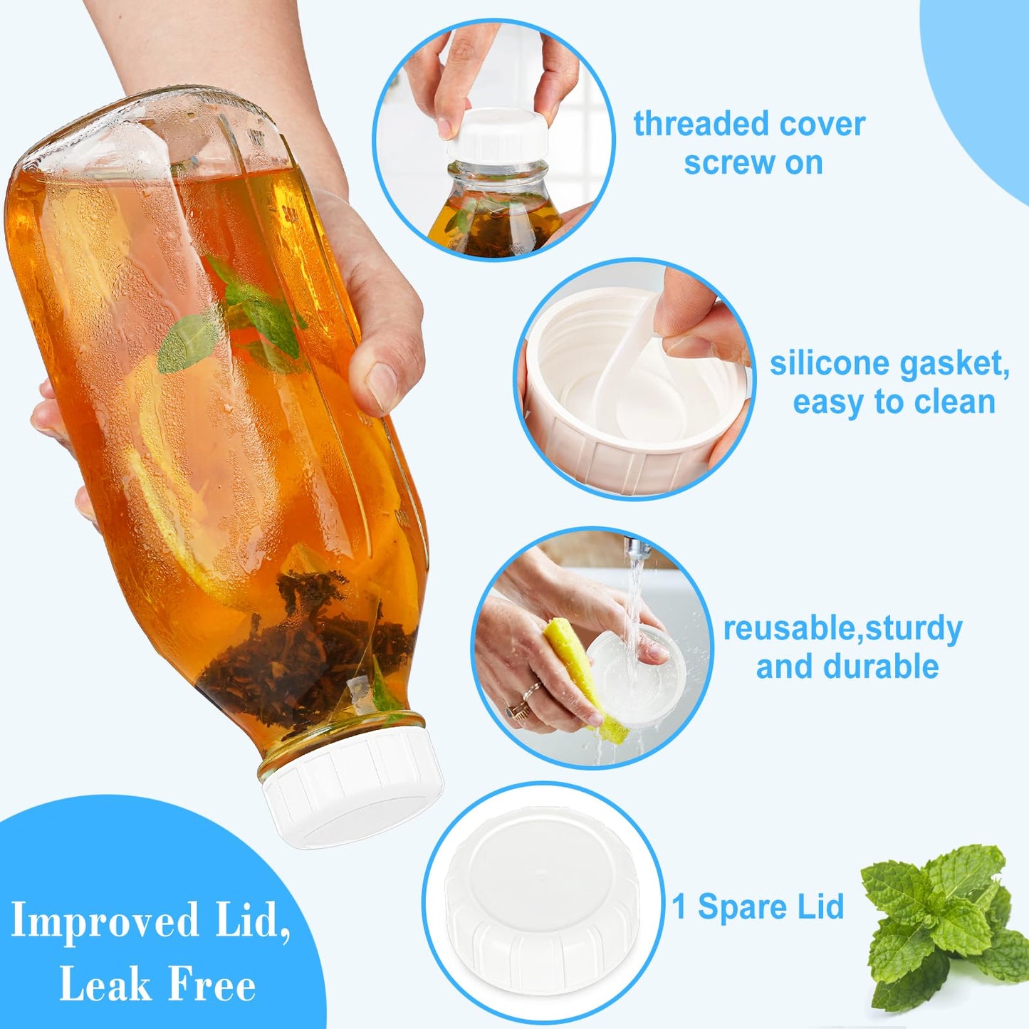 2 Pack Glass Milk Bottle with 2 Dispenser Caps, 100% Airtight Heavy Duty Screw Lid. 32 Oz Reusable Glass Water Jug with 3 Lids! Breast Milk Pitcher, Buttermilk, Nut, Juice, Syrup, Coffee Creamer