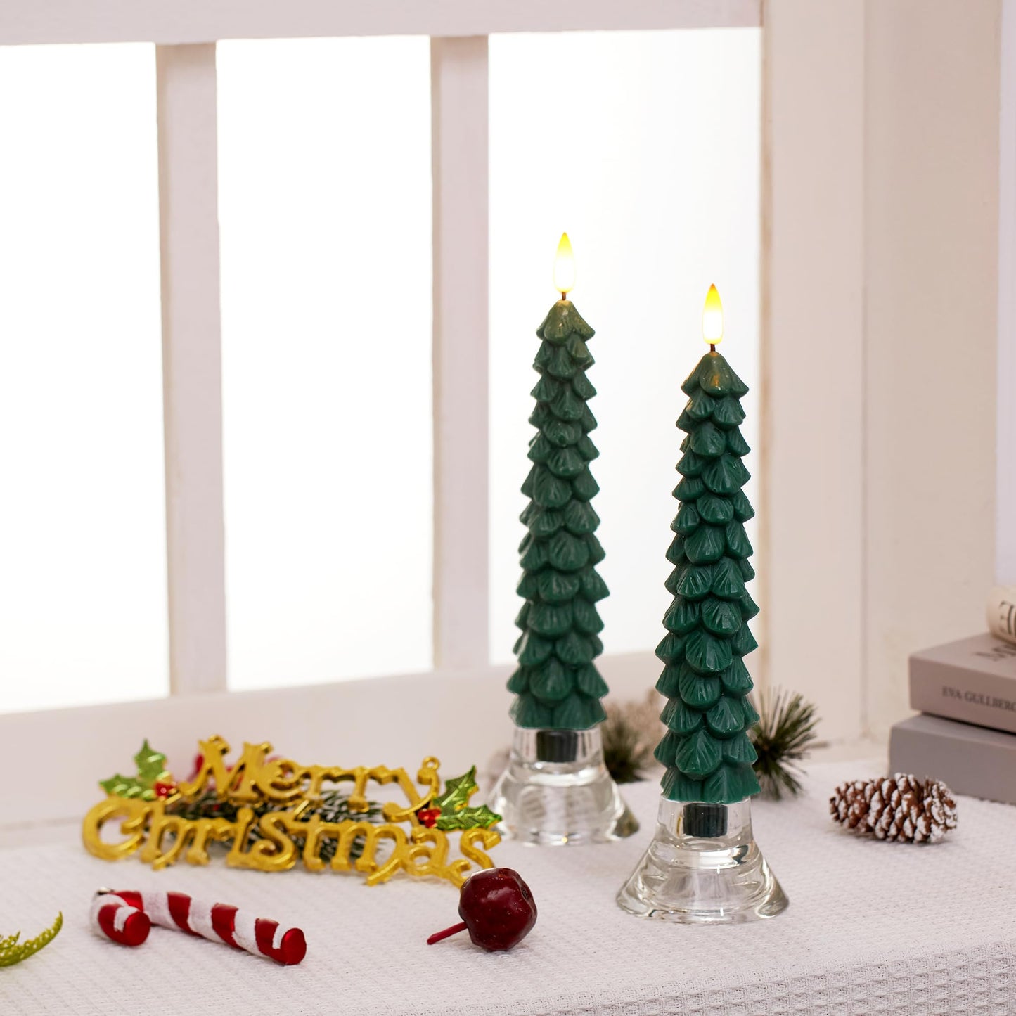 Stmarry 4 PCS Flameless Christmas Tree Candles with Remote Timer, Real Wax Flameless Taper Candles 9.65 Inch, LED Candlesticks with 3D Flickering Flame, Christmas Decor Candles Battery Operated