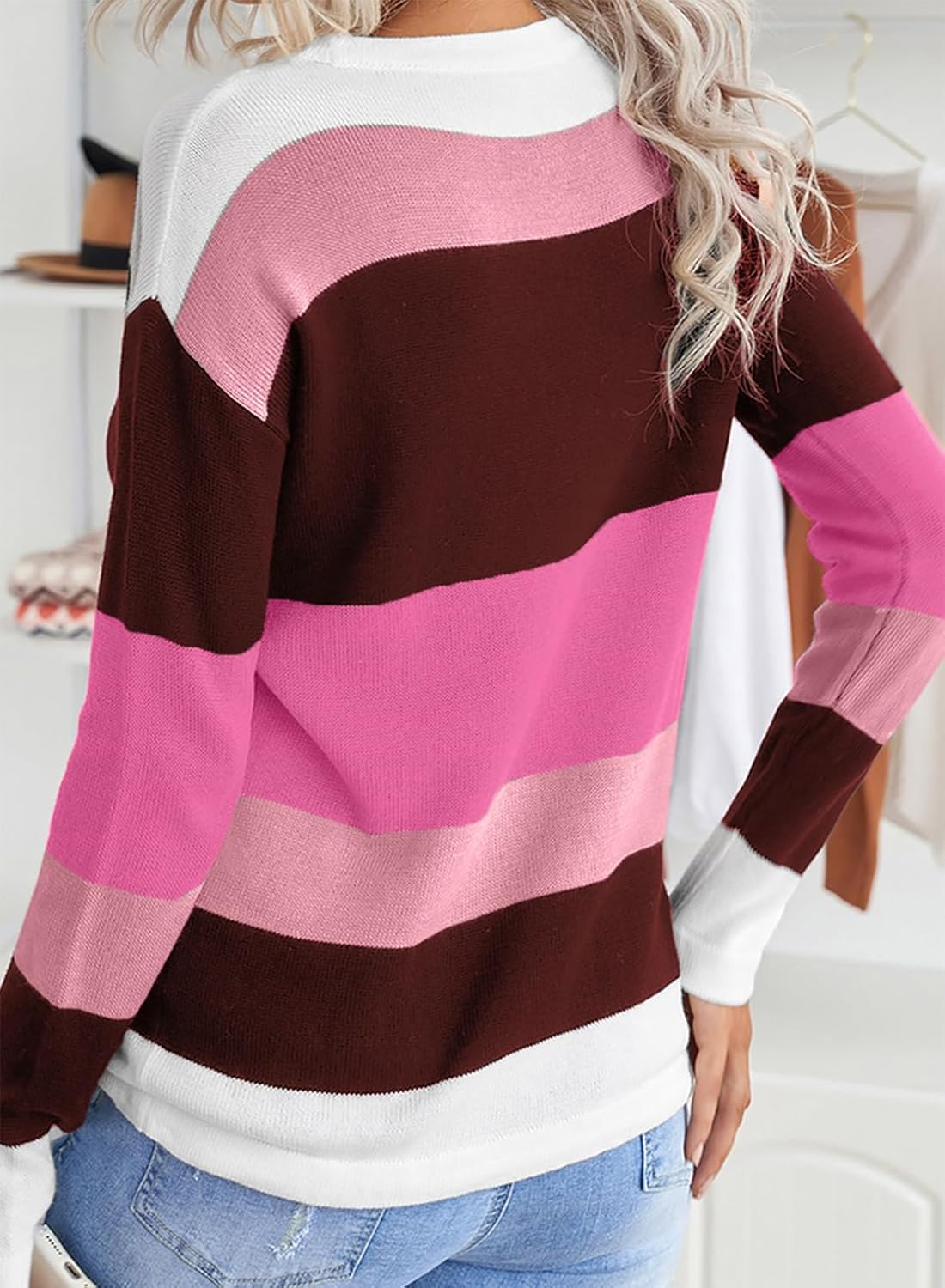 Dokotoo Womens Sweaters Striped Fall Winter Outfits 2025 Crewneck Drawstring Color Block Fashion Clothing